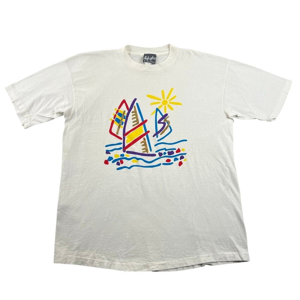Vintage Style Plus of California Sailboat Graphic Tee White USA Single Stitch XL